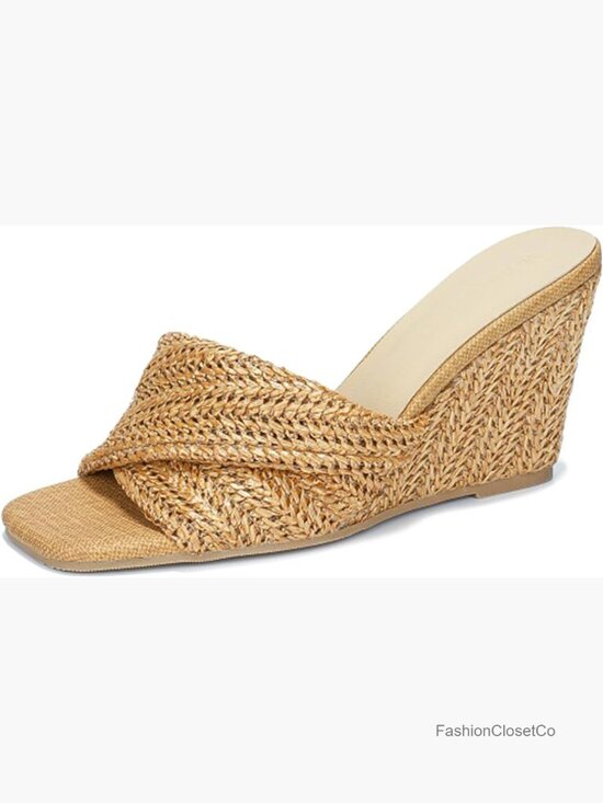 Shoes - Square Open Toe Braided Wedge Sandals - Slip On High Heel Mules Raffia Slide